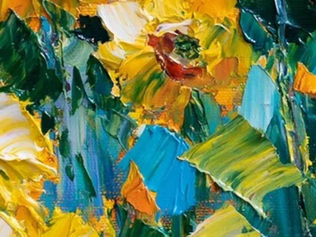Close-up detail of thick yellow sunflower petals and teal leaf knife strokes on textured canvas CA85