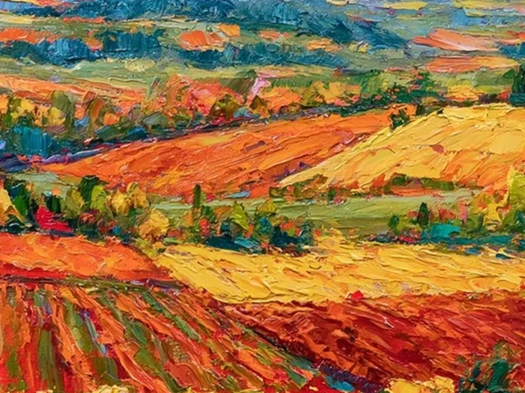 Close-up of layered red, orange, and gold knife daubs with teal accents in farmland canvas CA86
