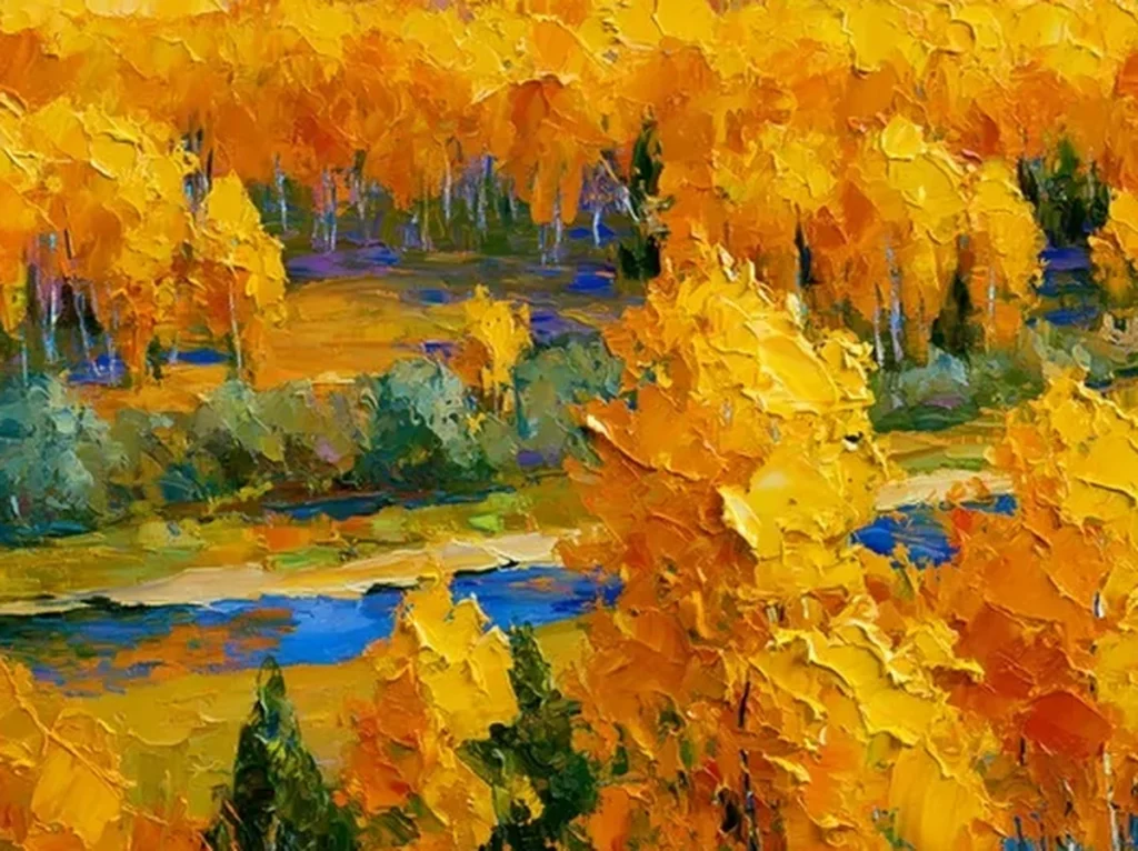 Detail crop of thick gold and orange knife dabs in the autumn treetops of canvas CA87