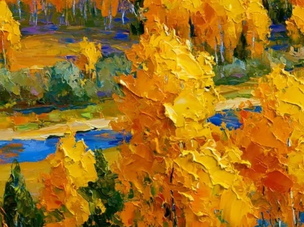 Extreme macro of layered golden oil paint ridges in autumn river painting CA87