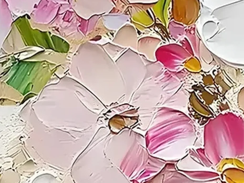 Close-up of the palette-knife blossoms in IA01, showing thick white and soft pink petals raised over a warm cream ground.