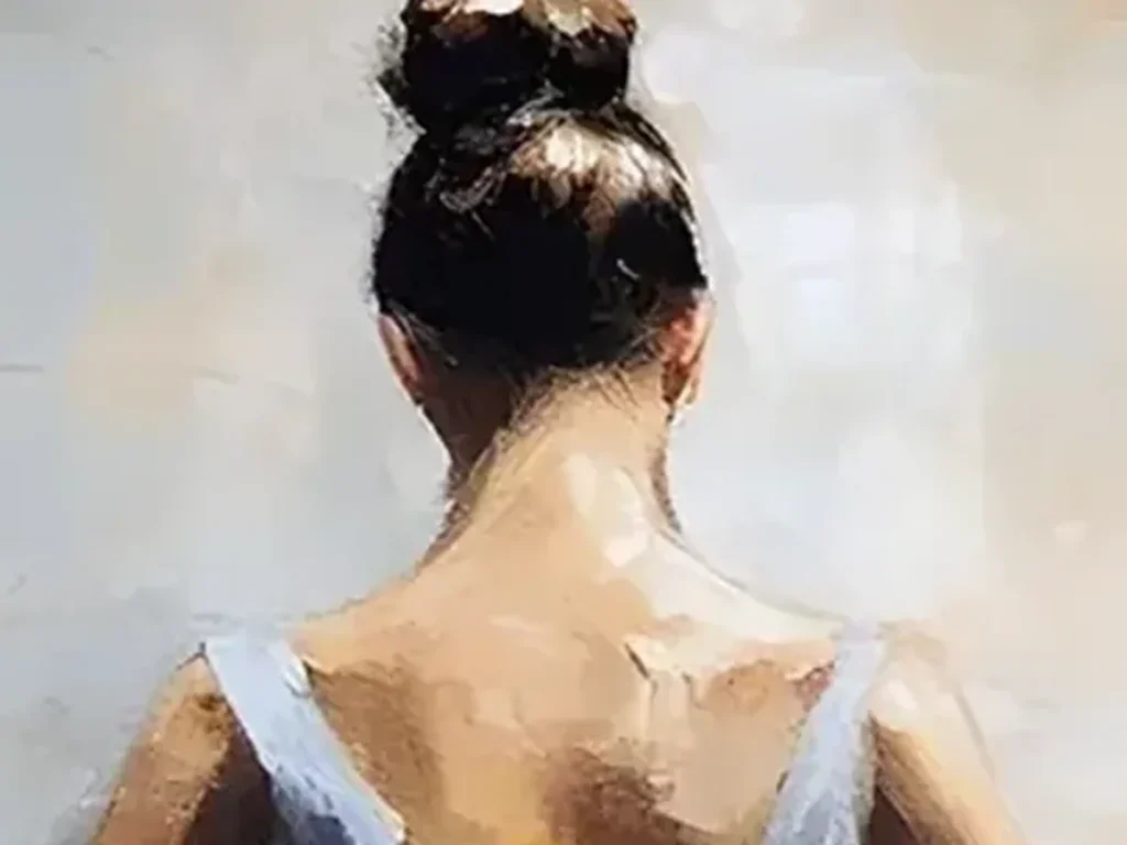 Close-up of the short knife strokes of white, gray, and lavender that build the ballet tutu, IA03