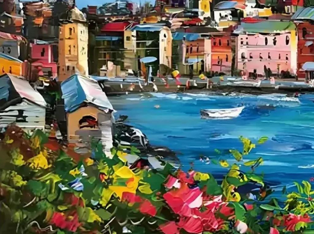 Close-up of the impasto wildflower bank, with thick red, magenta, and yellow knife strokes standing off the turquoise water in the turquoise and coral coastal village canvas IA05.