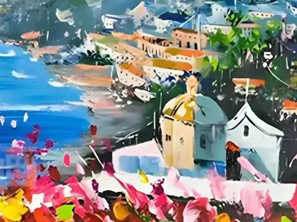 Close-up of the impasto flower band, with raised yellow, orange, and pink knife strokes against soft blue water in the blue and coral Amalfi flower coast canvas IA06.