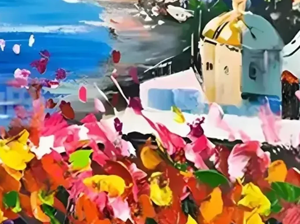 Extreme macro of a single raised ridge of orange and pink flower paint standing off the canvas surface in the Amalfi flower coast canvas IA06.