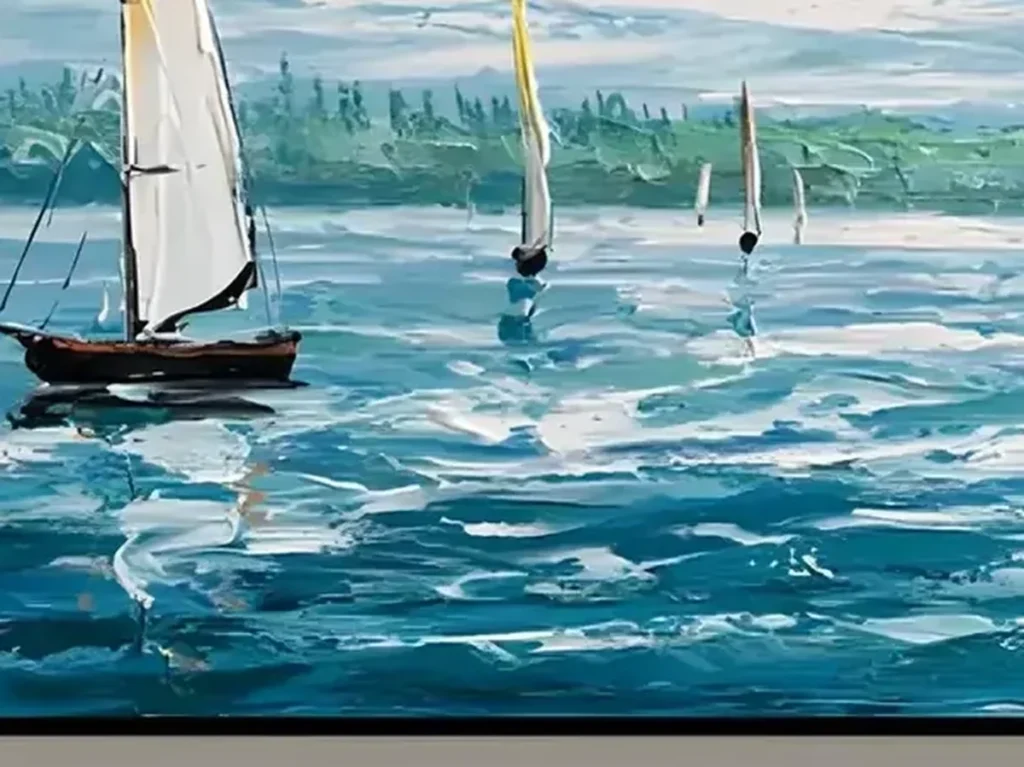 Close-up texture detail of the thick teal and white palette-knife water and foam strokes in the sailboat seascape, canvas IA09.