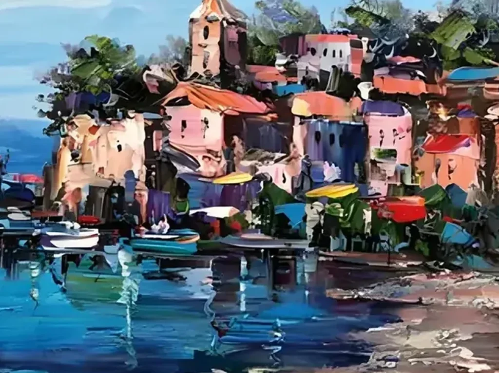 Close-up texture detail of the IA10 canvas showing thick palette-knife strokes of turquoise bay water and terracotta harbor houses.