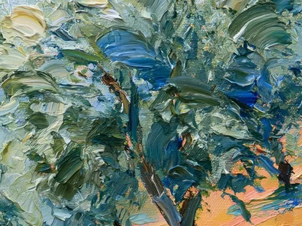 Close-up of thick palette-knife strokes forming a silver-green olive canopy and sunlit tan hillside in painting IA100.