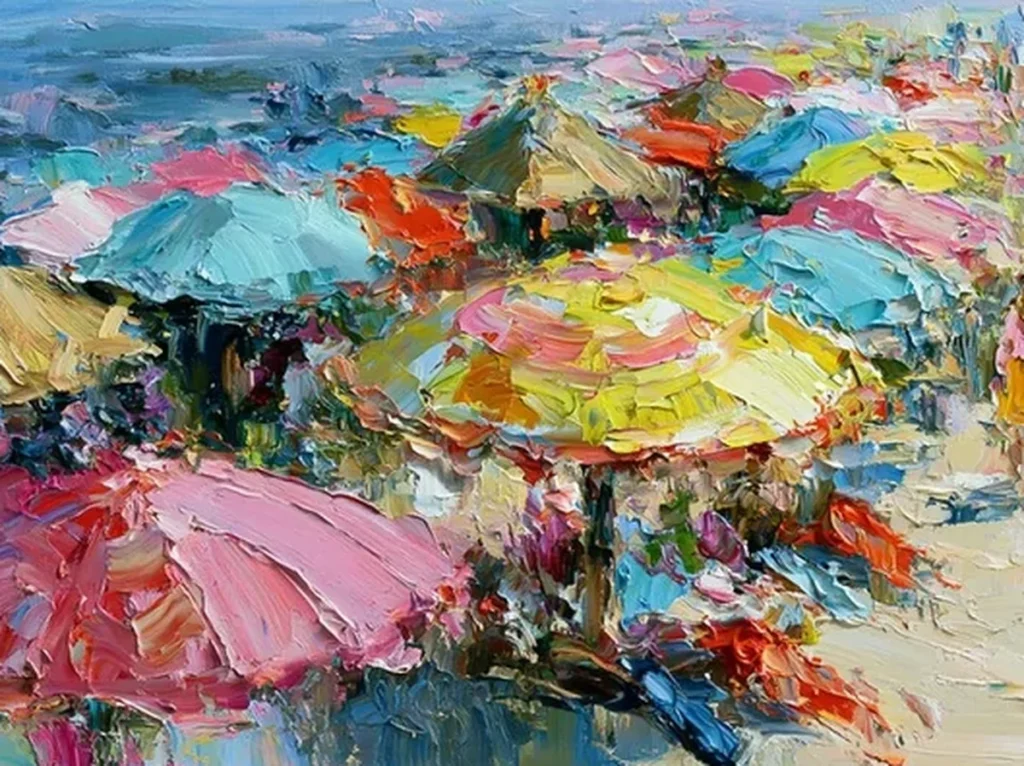 Close-up of thick palette-knife strokes forming a rose-pink beach umbrella and dabbed figures on the boardwalk in painting IA101.
