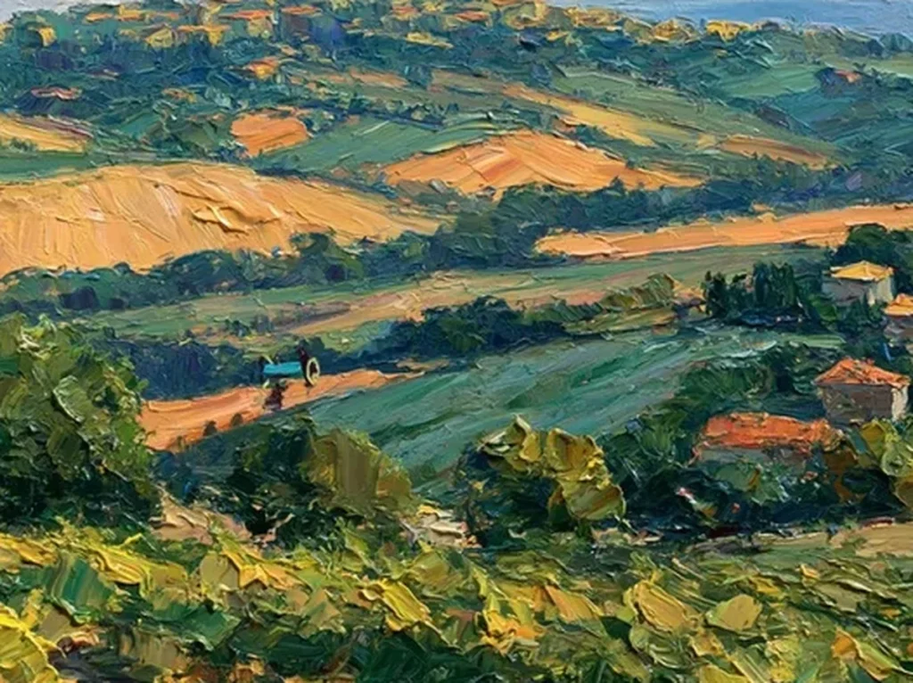 Close-up of thick palette-knife strokes in the green and gold Tuscan vineyard rows, textured impasto detail, IA102.
