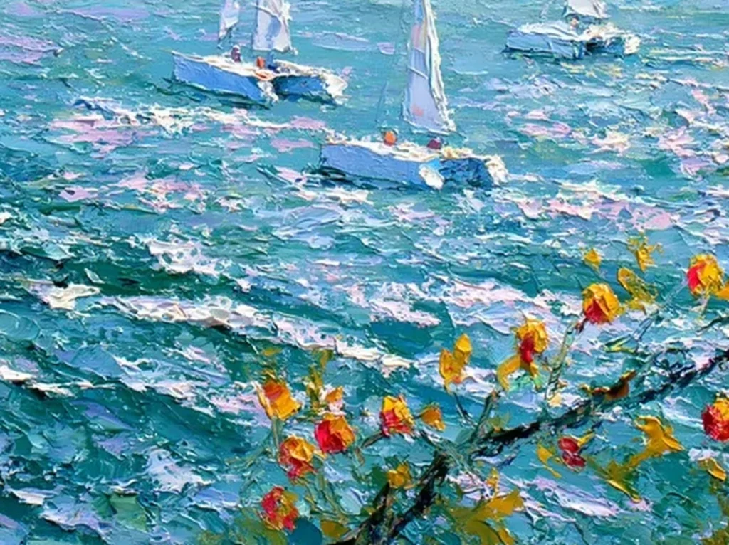 Close-up of thick palette-knife wave crests and a white sail on the turquoise water of sailboat painting IA103.