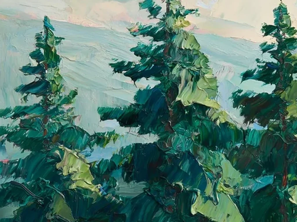 Close-up of thick chartreuse and teal palette-knife fir branches in green forest painting IA104.