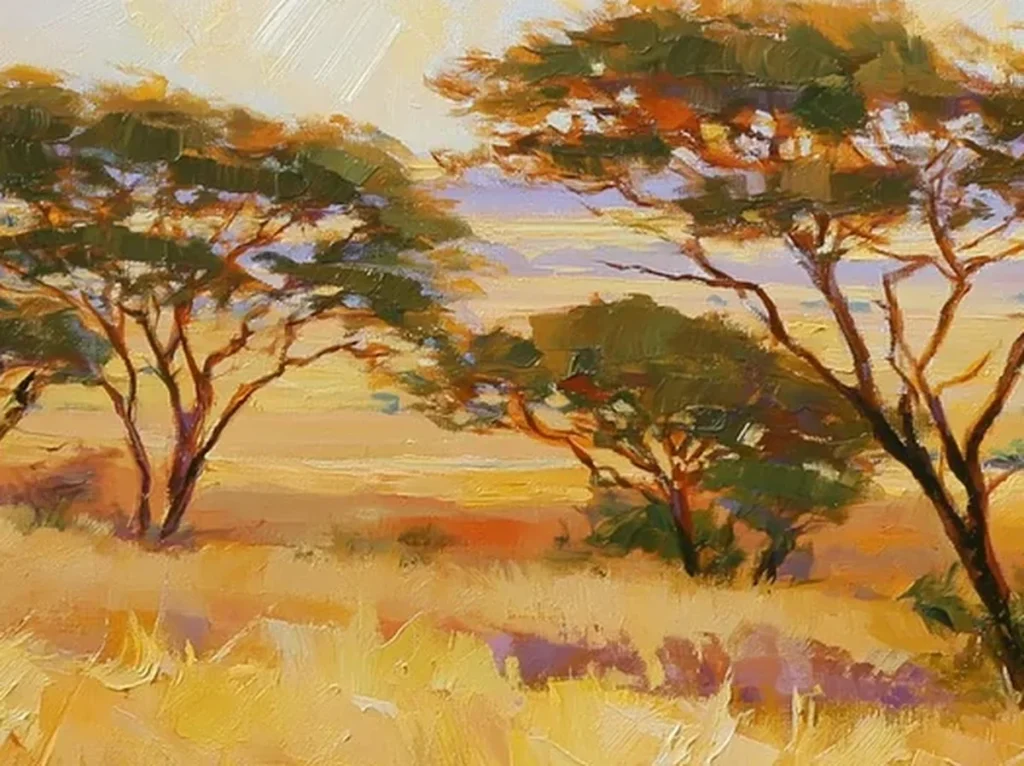 Close-up texture detail of the thick golden grass and knife-built acacia foliage in savanna painting IA105