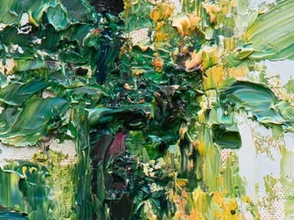 Close-up texture detail of the thick green palette-knife strokes and golden light in impressionist forest painting IA106