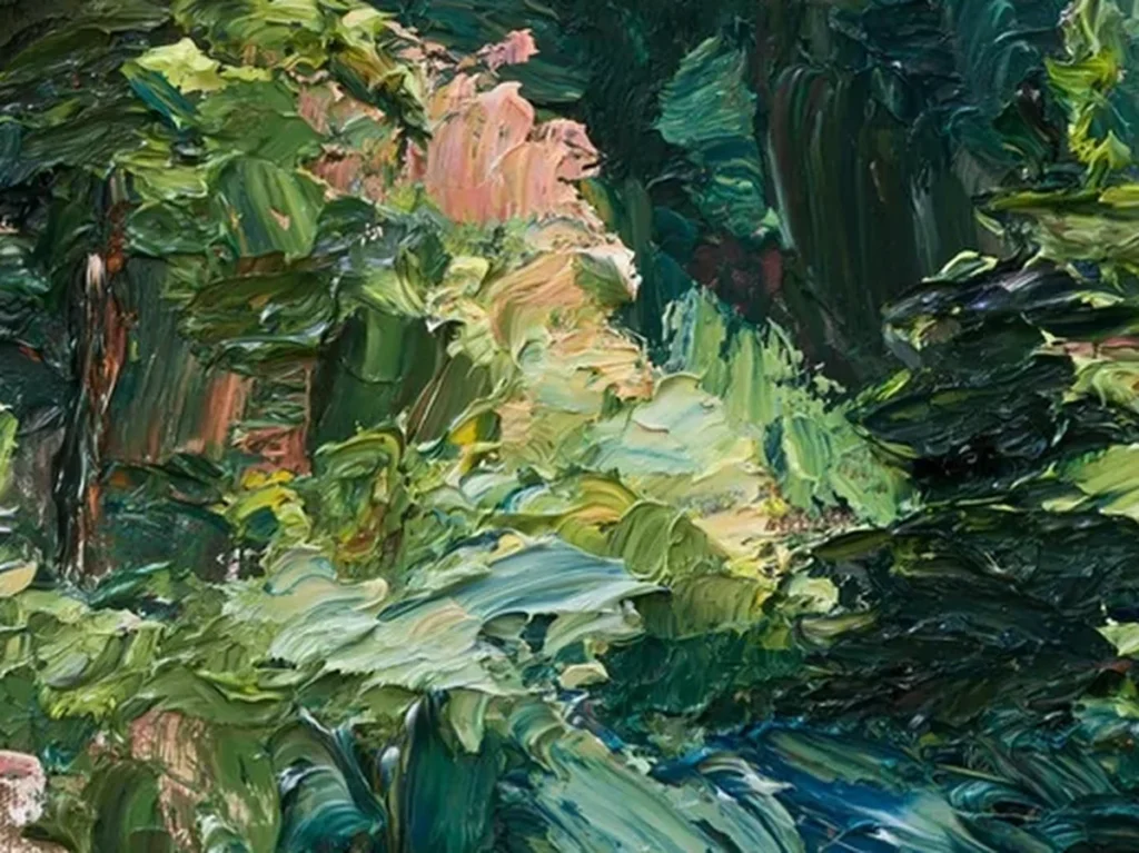 Close-up texture detail of the heavy impasto pine trees and warm dawn sky in impressionist ridge painting IA107