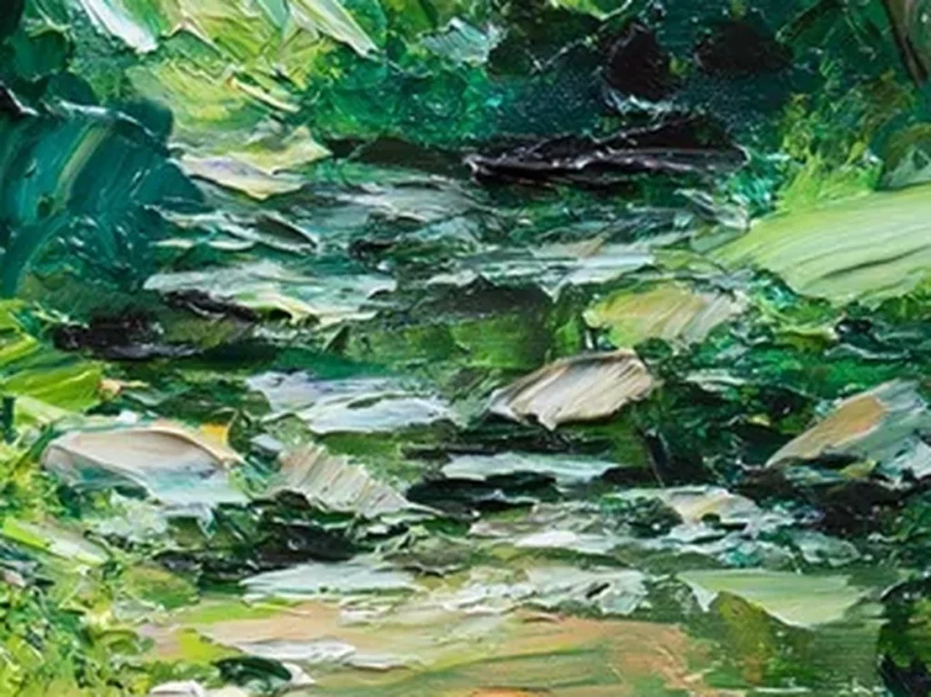 Close-up detail of thick palette-knife green slabs and raised white water strokes on forest stream impressionist painting IA108.