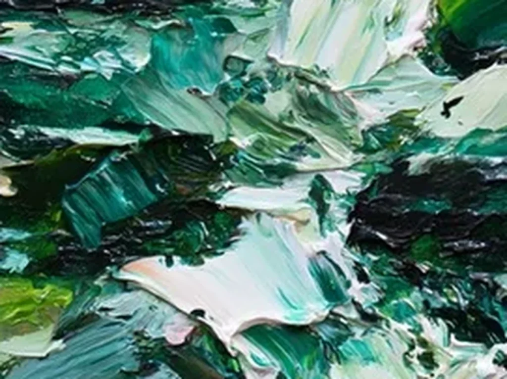Extreme macro of a single raised white water stroke over emerald green paint ridges on forest stream painting IA108.