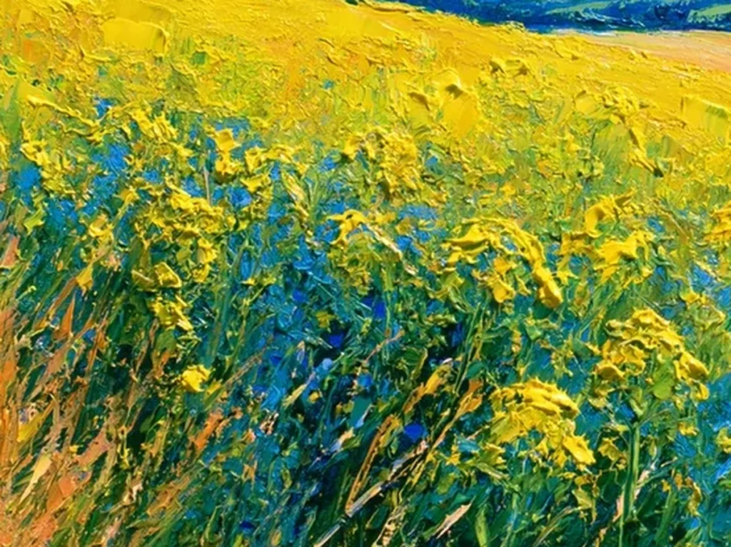 Close-up of thick yellow knife strokes and cobalt-blue flecks in the rapeseed field of impressionist painting IA109