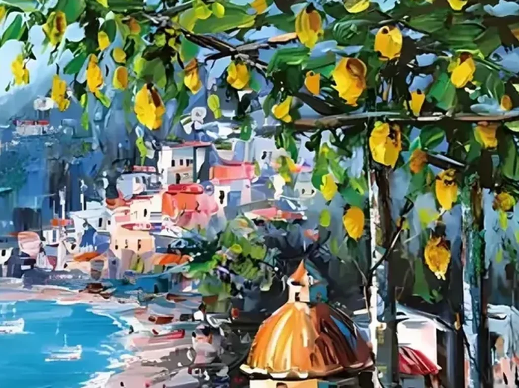 Close-up of thick knife strokes forming yellow lemons, green leaves, and pink bougainvillea in Mediterranean coast painting IA11