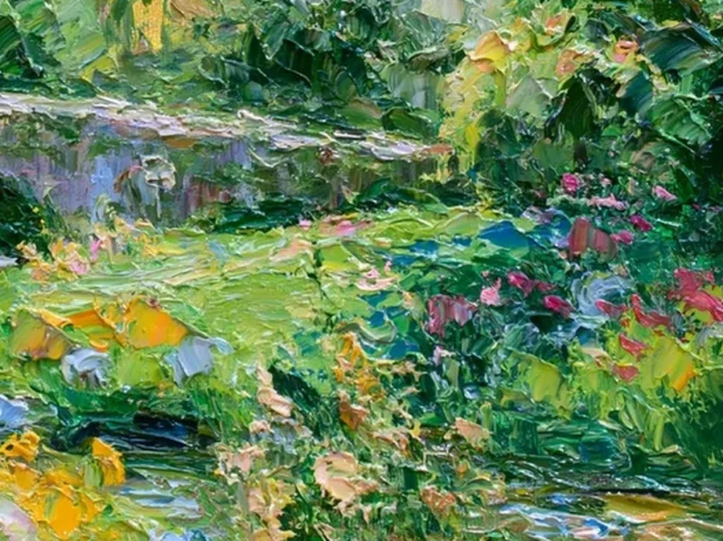 Close-up of the thick knife-painted wildflowers in pink, red, and blue along the foreground of impressionist garden painting IA110.