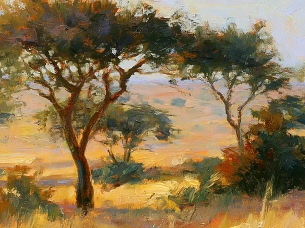 Close-up of the thick palette-knife grass in gold, ochre, and orange on the savanna painting IA111