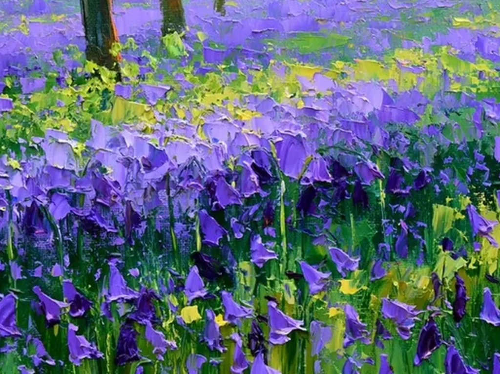 Close-up of the thick palette-knife violet bluebells and green leaves on the woodland painting IA112