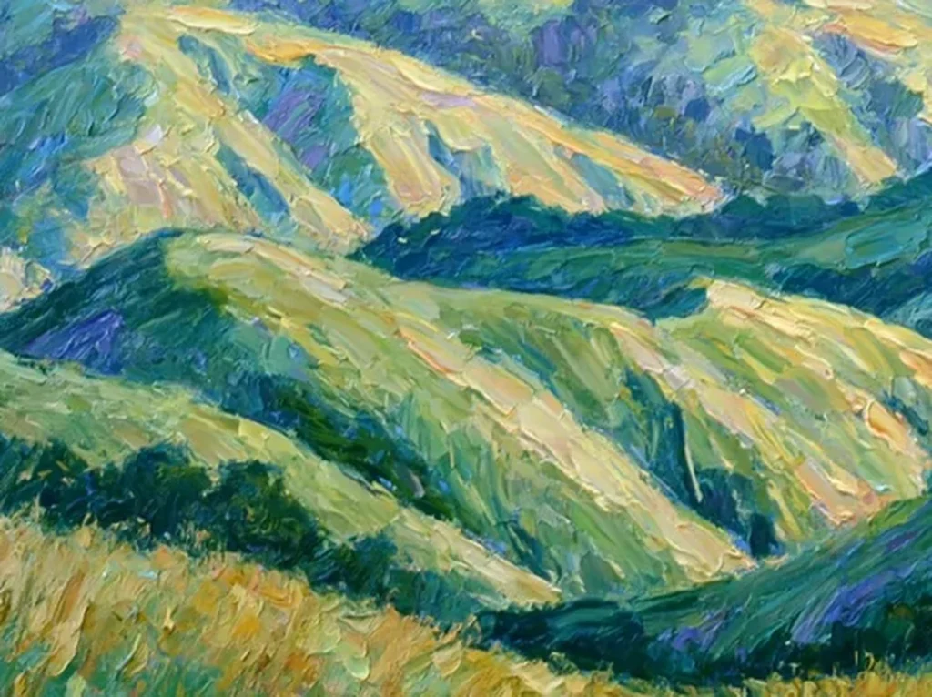 Close-up texture detail of the palette-knife impasto on a sunlit green and gold hillside in the IA113 rolling hills painting.