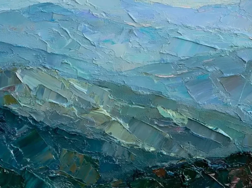 Close-up of the thick teal and gray-blue palette-knife ridges in the misty blue mountain painting IA114.