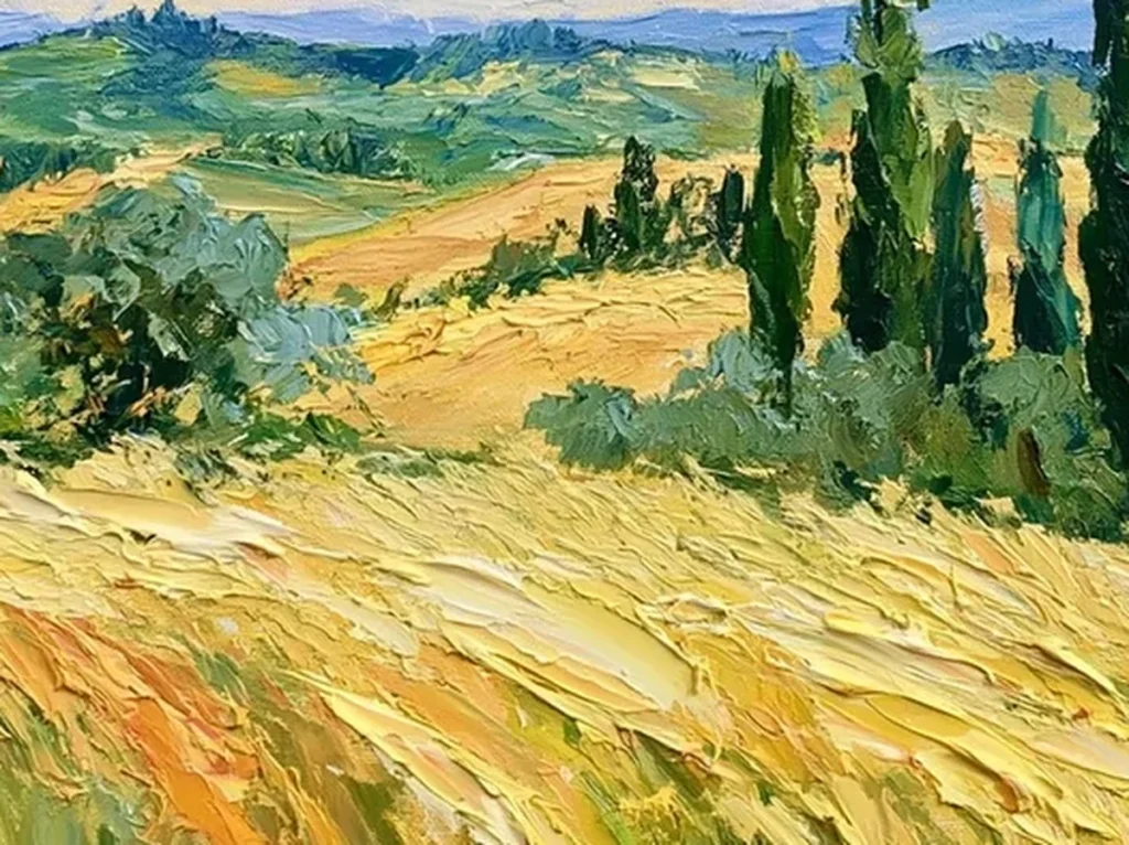 Close-up of the ridged gold wheat strokes and dark cypress texture in the Tuscan landscape painting IA115.