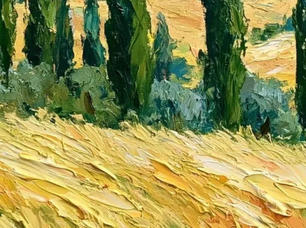 Extreme macro of a single raised gold and ochre knife stroke in the wheat field of Tuscan painting IA115.