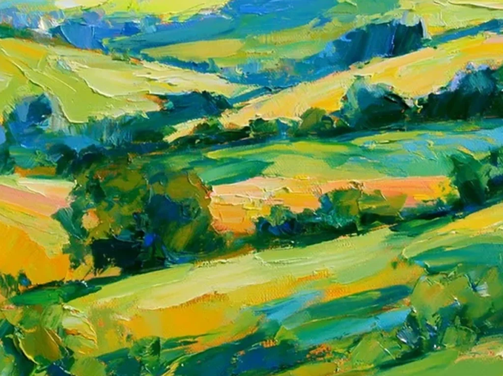 Close-up of the golden-green sunlit fields in the middle of the valley, showing the thick palette-knife oil strokes of landscape painting IA116.