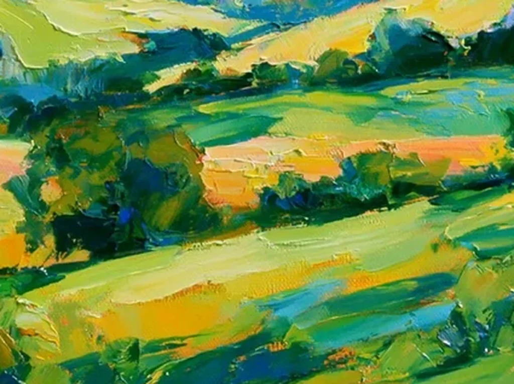 Extreme macro of a single loaded knife stroke of yellow-green paint on a sunlit hillside, revealing the ridged oil texture of canvas IA116.
