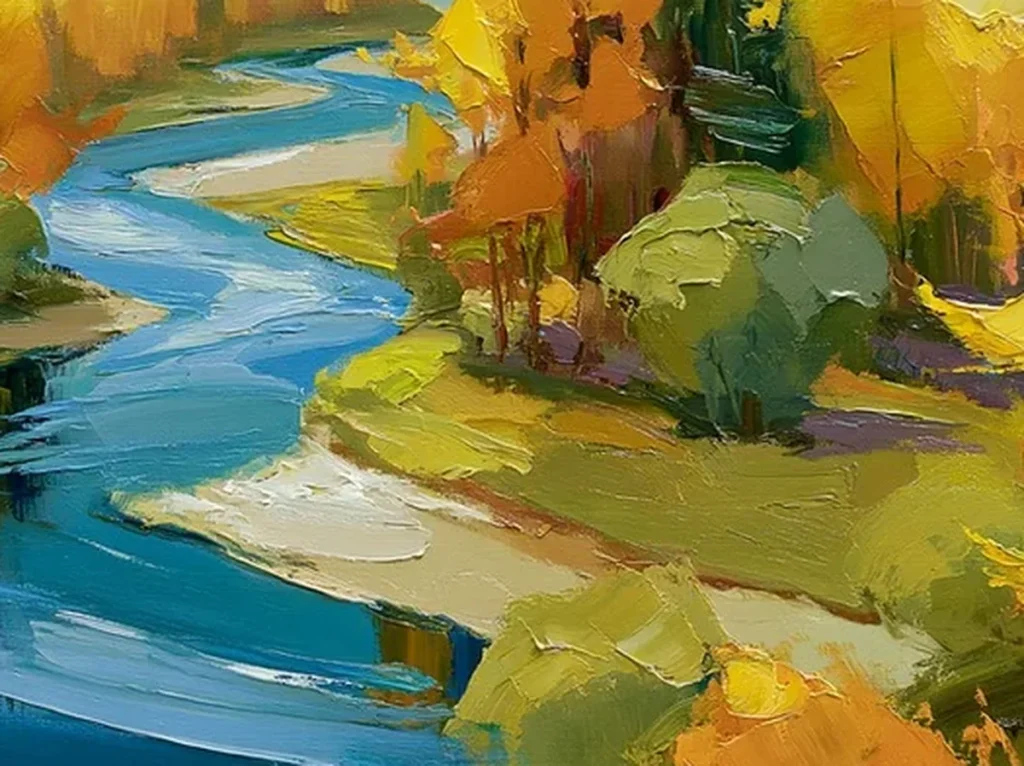 Close-up of the thick palette-knife strokes on the golden autumn trees in impressionist river valley painting IA117.