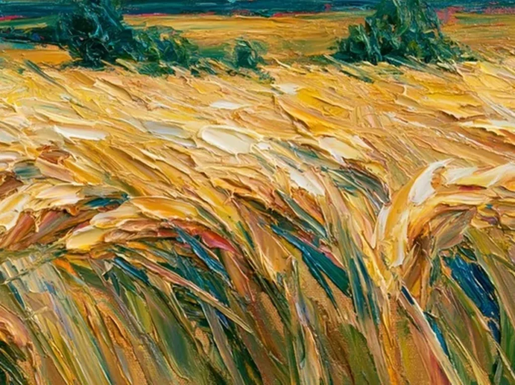Close-up of the heavy knife-laid golden wheat and thick impasto sky strokes in wheat field painting IA118.