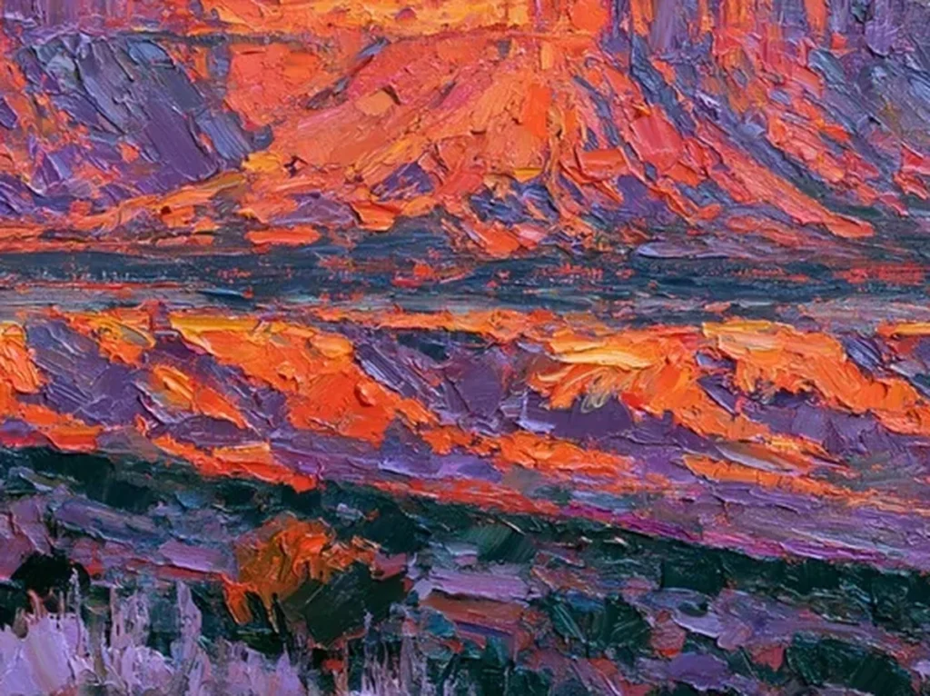 Close-up of thick palette-knife ridges in orange, rust, and violet on a sunlit mesa in the red rock sunset painting IA119.