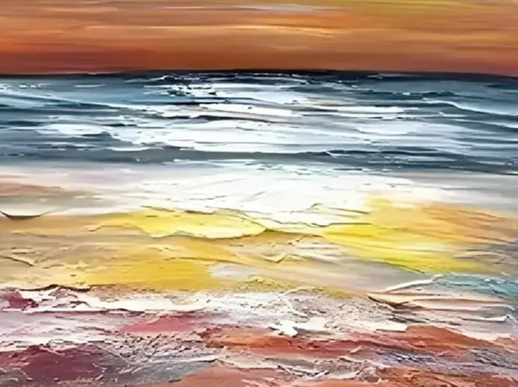Close-up of thick palette-knife impasto in the burnt orange sky and teal sea of the sunset seascape, IA12