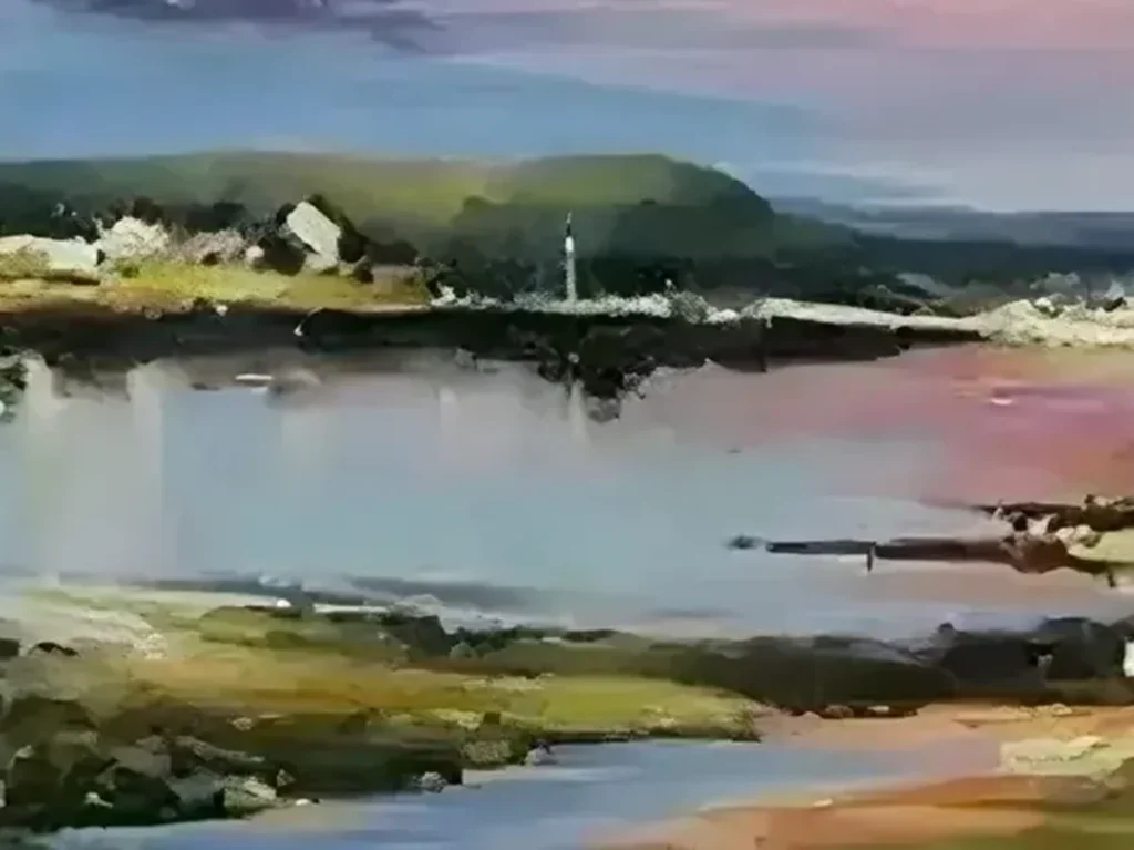 Close-up crop of the amber and plum sun break with soft knife-worked cloud edges in the estuary sunset canvas, IA13