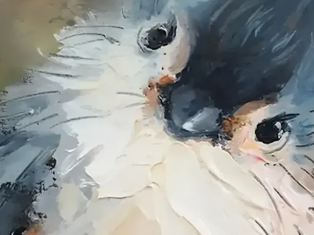 Close-up texture detail of the tufted titmouse's cream breast feathers and the knife-built tan branch on canvas IA20