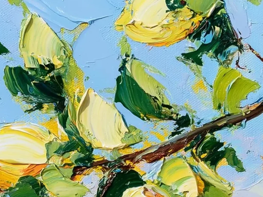 Close-up of thick palette-knife lemons in cream-yellow and orange against forest-green leaves and a cobalt-blue bay, textured detail of impressionist painting IA21