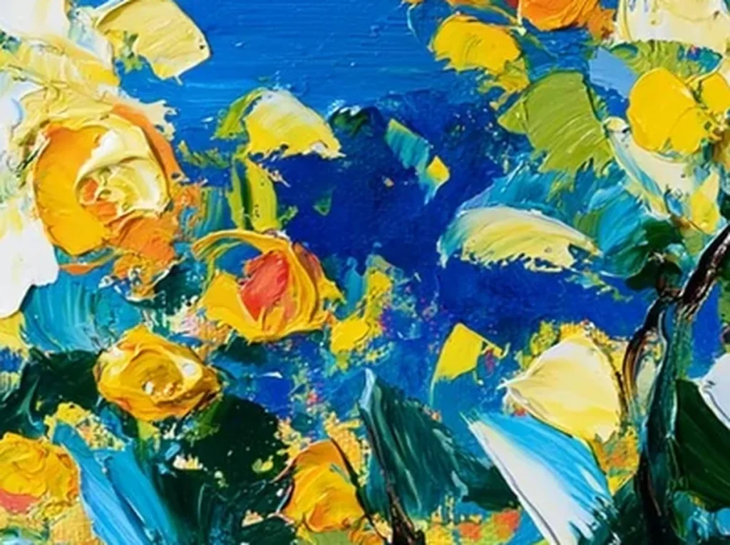 Extreme macro of a single impasto lemon showing raised knife ridges of yellow, orange, and white paint standing off the canvas, painting IA21