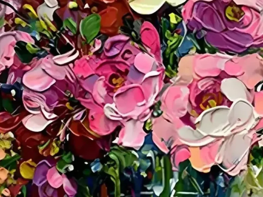 Close-up of sculpted impasto roses in cream, pink, and deep red with visible palette-knife marks above a blue glass vase, textured detail of floral still life painting IA22