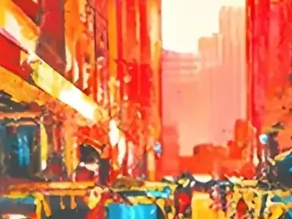 Extreme close-up of layered orange and red paint ridges catching light on New York sunset canvas IA24