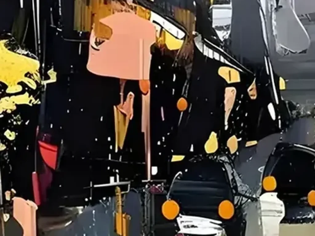 Texture detail of charcoal and blush knife slabs with cadmium yellow accents on rainy street painting IA25