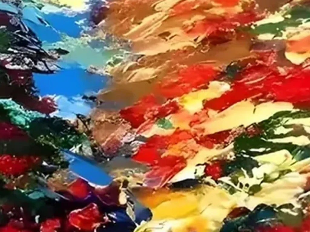 Extreme macro of thick red petal ridges and dark seed centers standing off the linen on poppy painting IA26