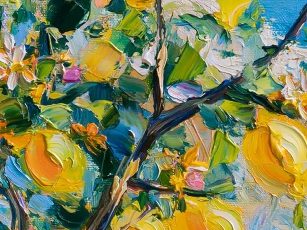 Close-up texture crop of thick yellow lemon impasto and layered blue sea strokes on lemon tree canvas IA28