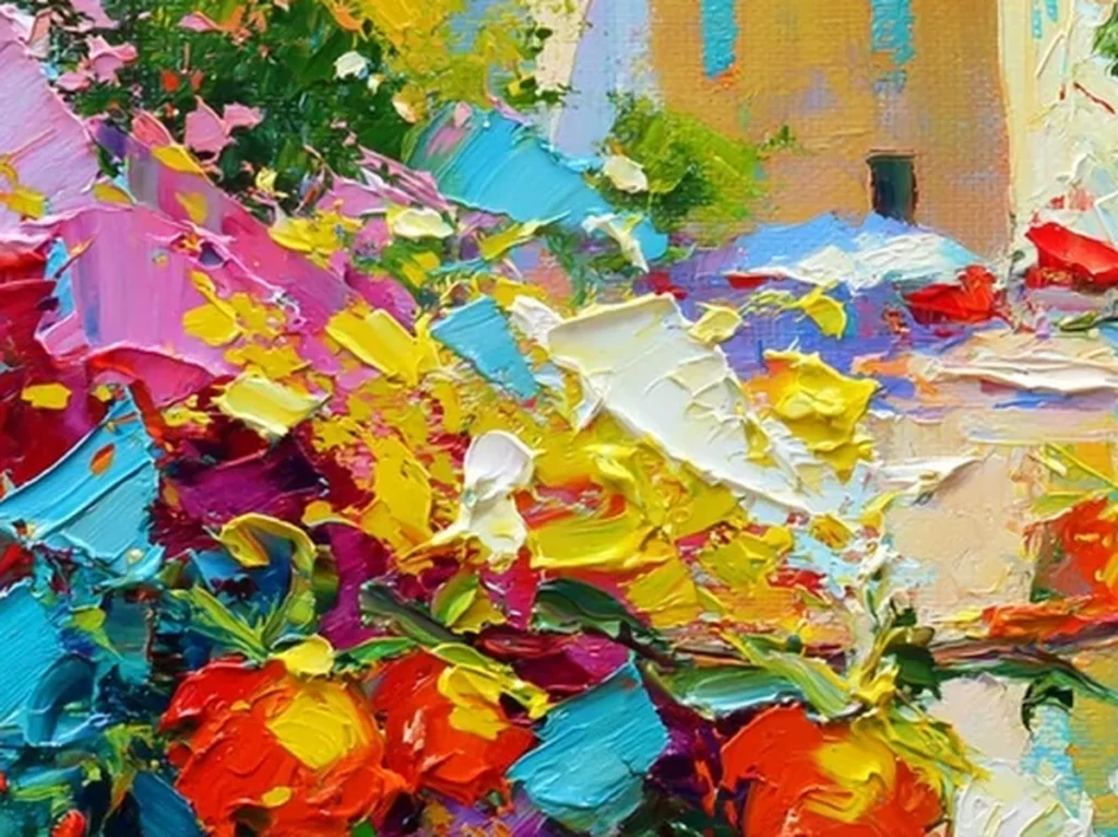 Close-up detail of thick magenta and red knife-painted flowers on the Mediterranean clifftop village canvas IA29