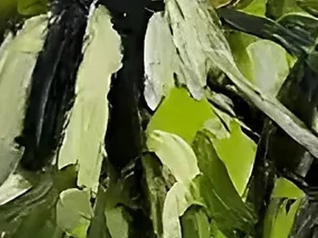 Extreme close-up of raised peach and green knife ridges on the textured impressionist pool painting IA30