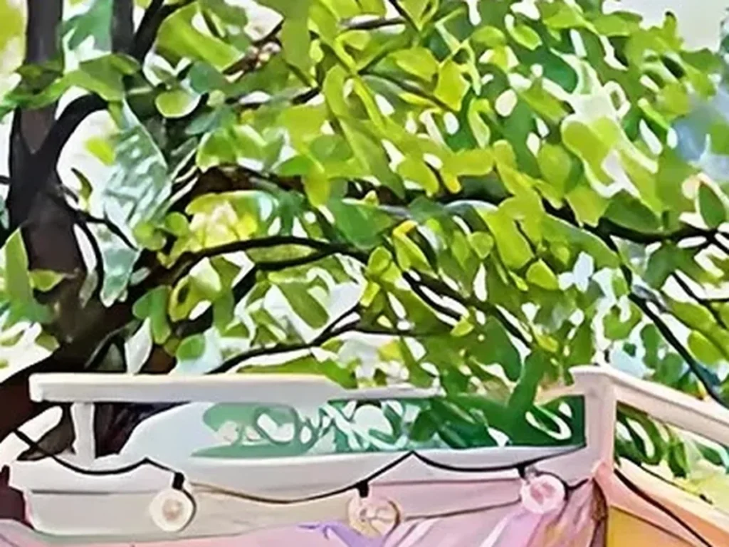 Detail crop of the white cat on a blue patterned cloth in the fauvist sunlit balcony painting IA31