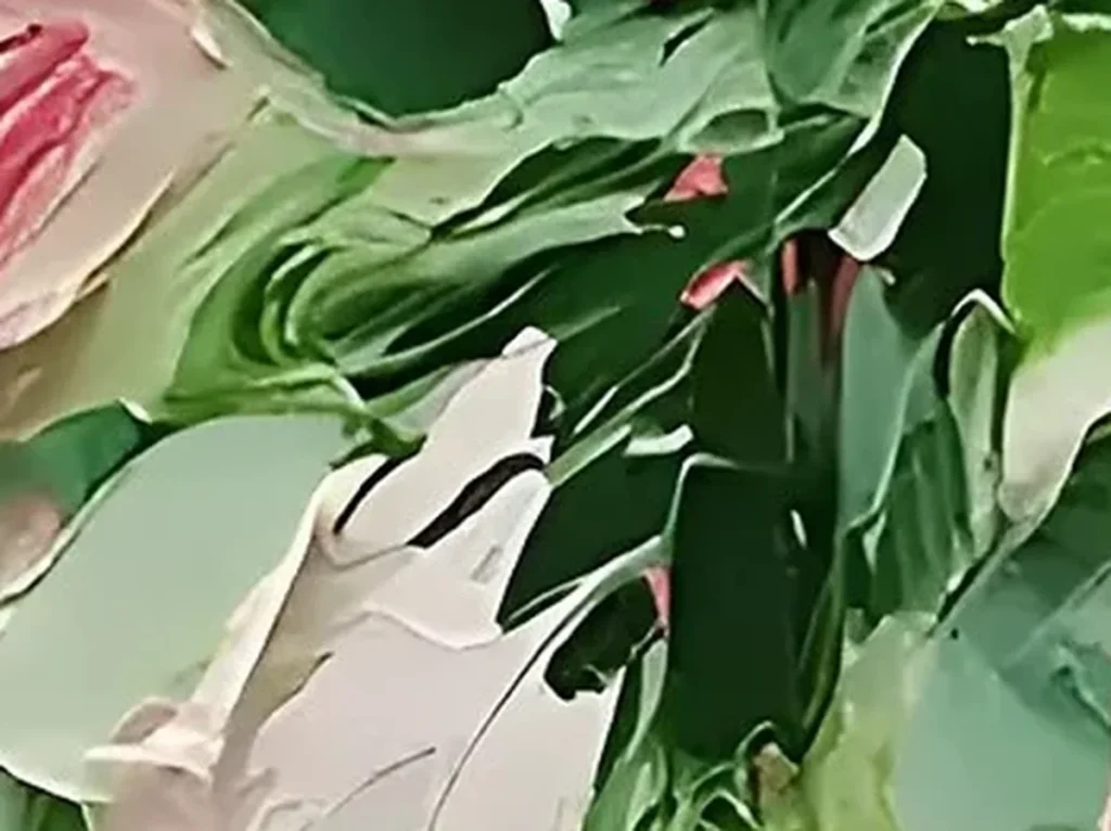 Close-up of pink roses impressionist canvas IA34 showing thick blush and cream petal ridges beside emerald leaf strokes