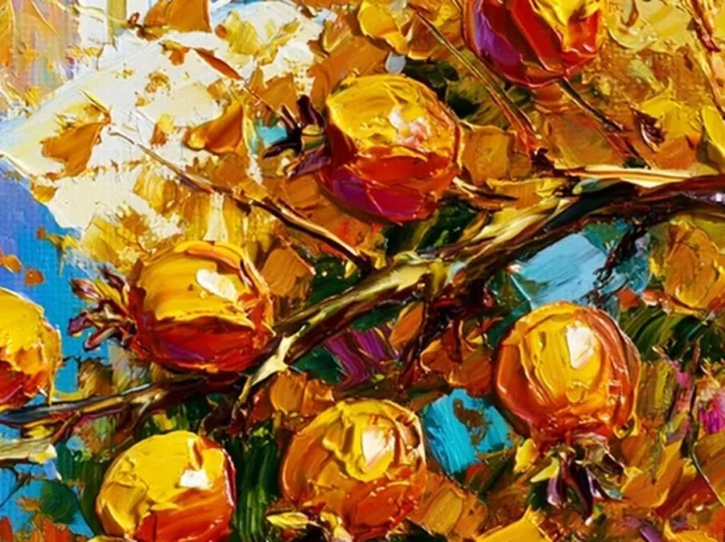 Close-up detail of raised impasto strokes on the golden foliage and orange pomegranates in Santorini blue domes painting IA35